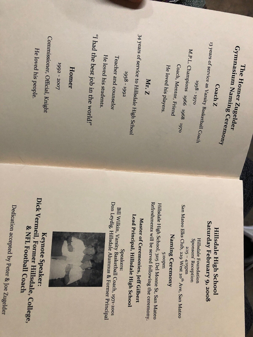 The Homer Zugelder Gymnasium Ceremony hillsdale HS Signed Coach Dick Vermeil1
