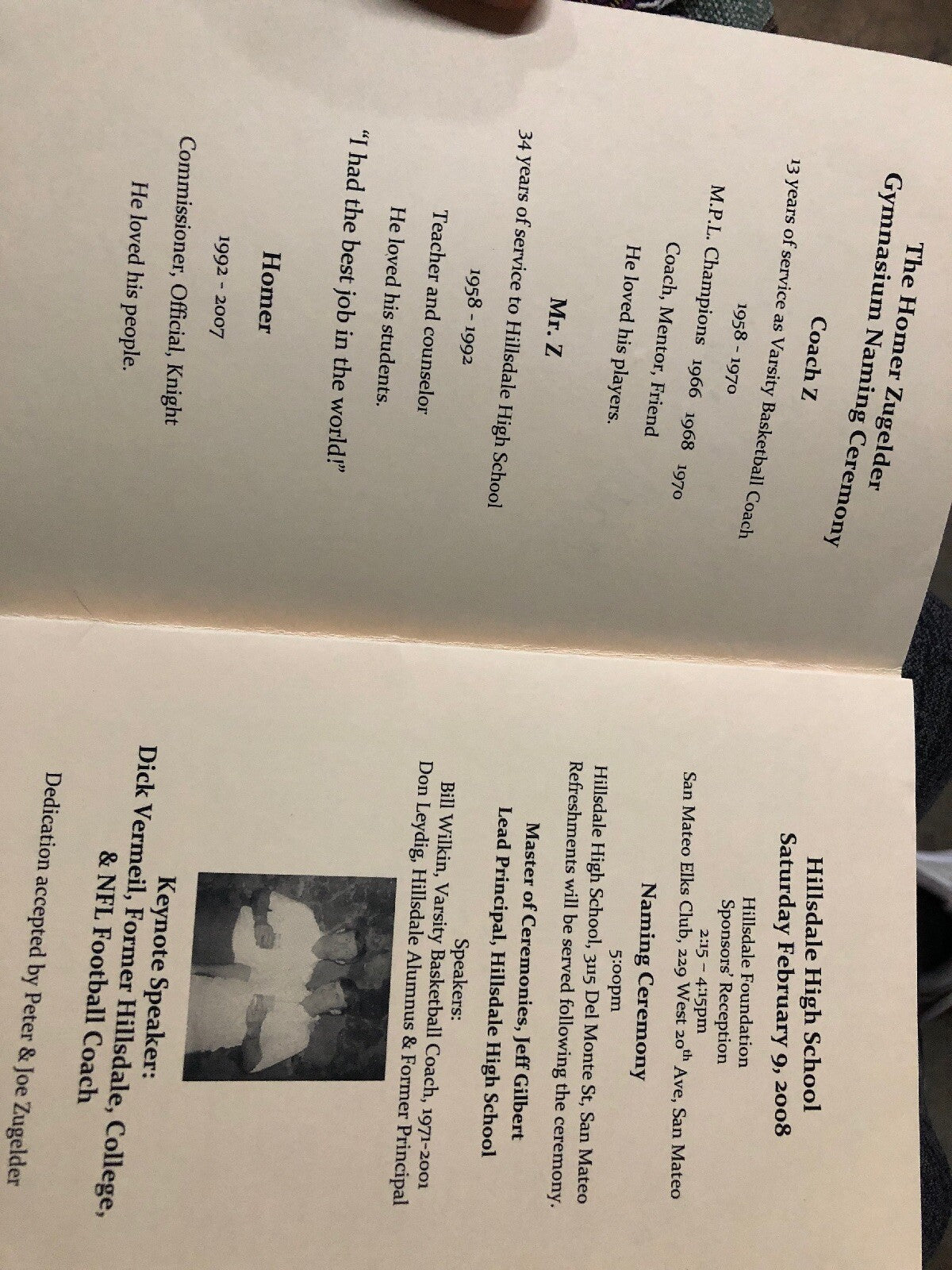 The Homer Zugelder Gymnasium Ceremony hillsdale HS Signed Coach Dick Vermeil1