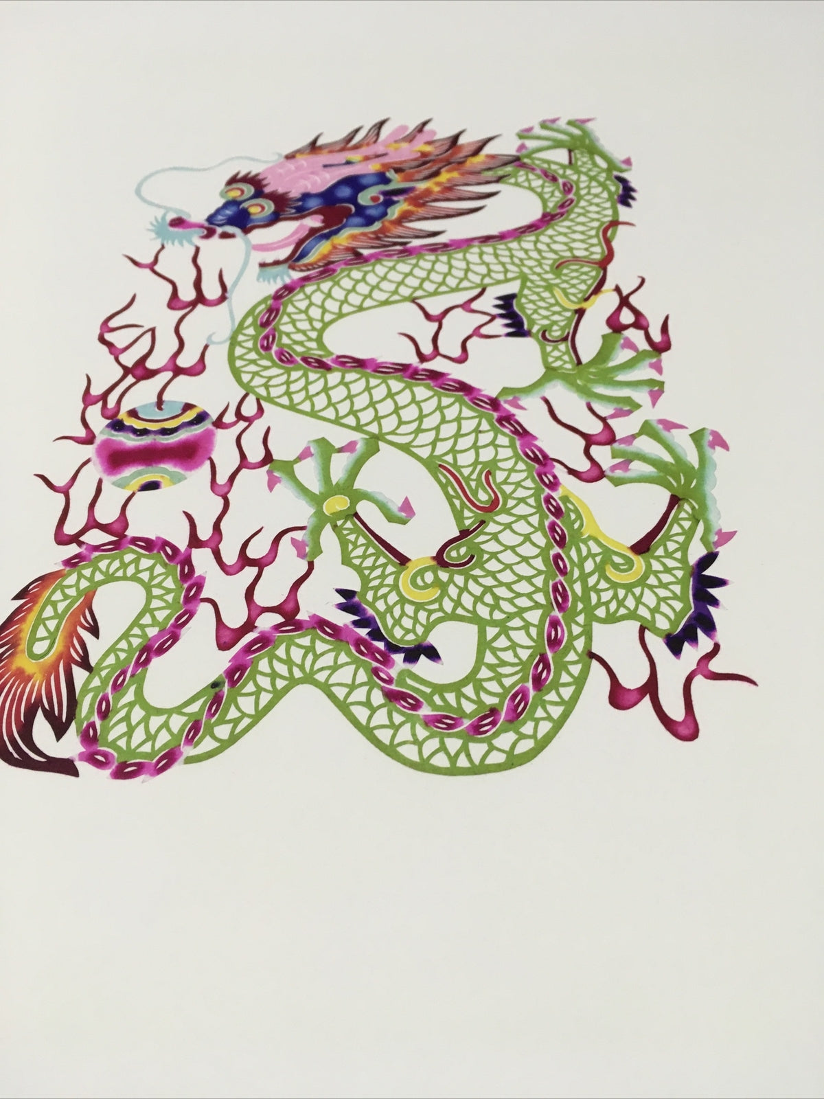 Antique Asian Chinese papercut detailed Hand Colored Dragon/Long With Ball 13x161