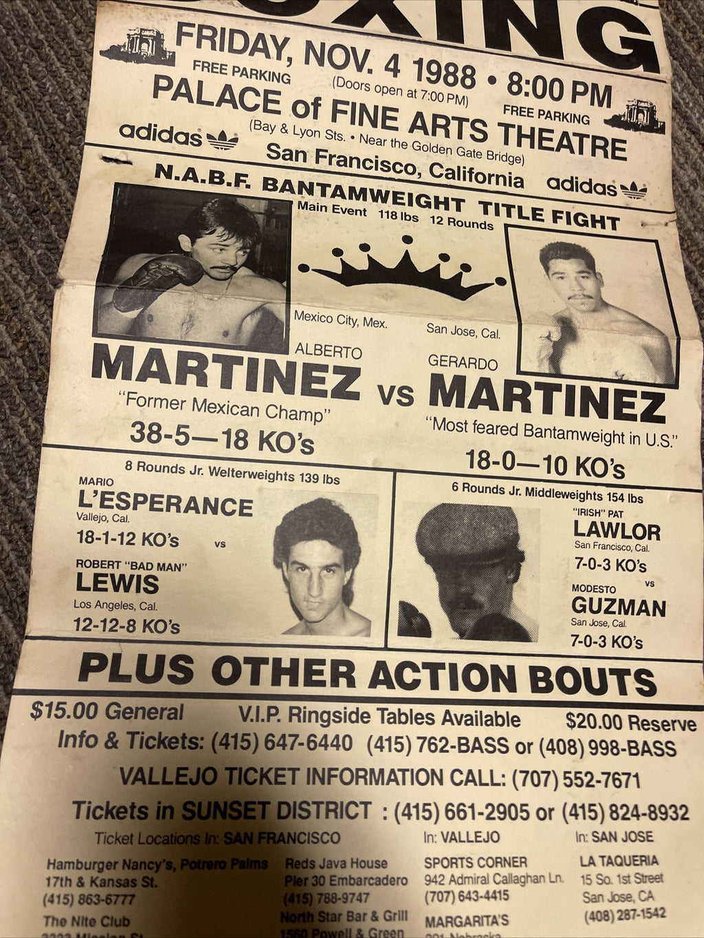 Vintage 1988 Pat Lawlor  Alberto Martinez Fight Boxing Flyer 21 X 10.5” Poster3