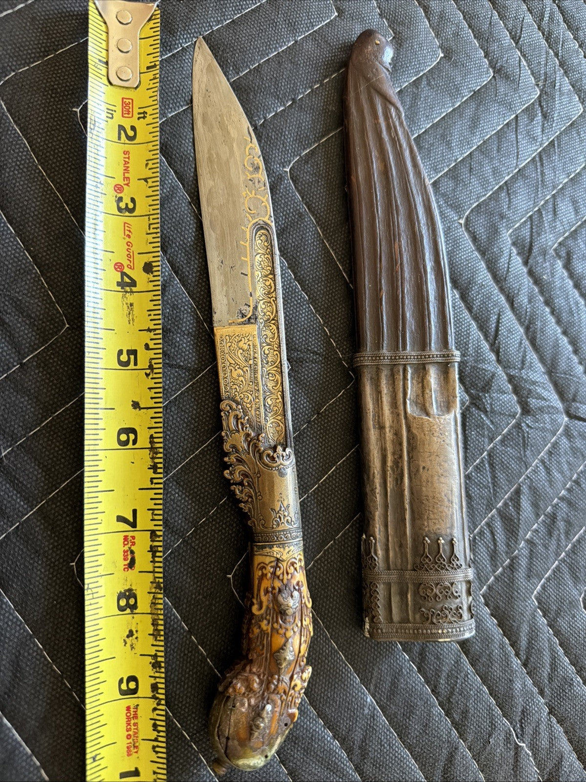 Piha Kaetta Dagger Knife Horn Brass Silver Sheath Wood Antique Sri Lanka Ceylon0