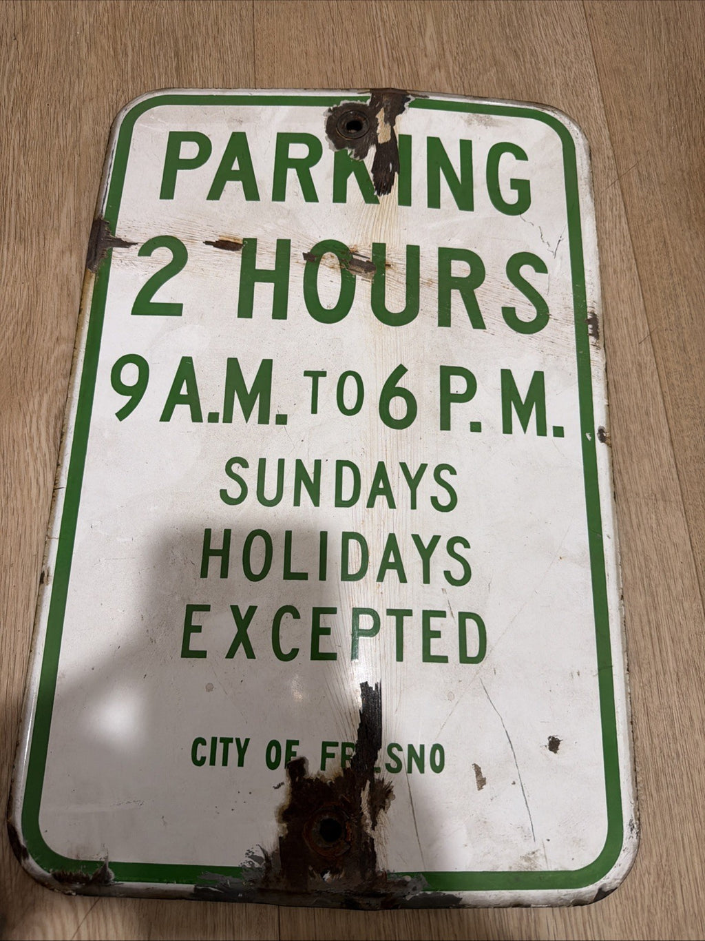Vintage Porcelain enamel steel 2 Hour Parking Sign California  City Of Fresno0