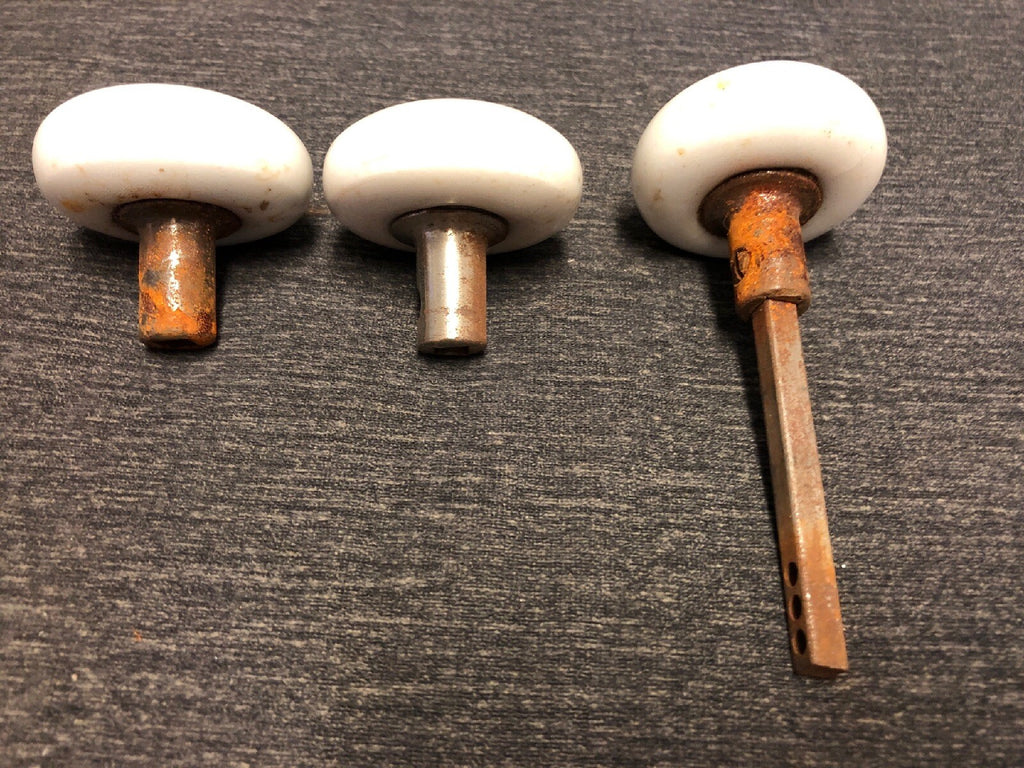 Rare 3 Prouty's Rigid Door Knobs Porcelain Antique Hardware Salvage 1880s3