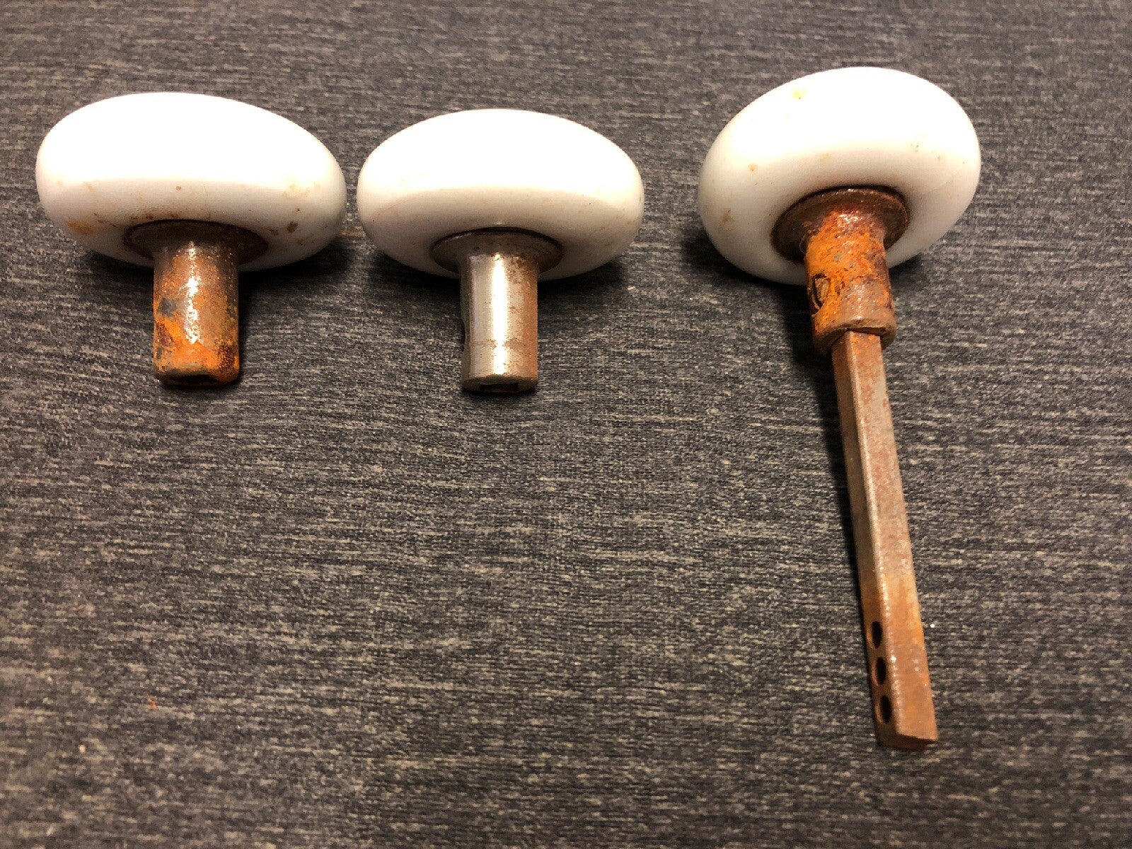 Rare 3 Prouty's Rigid Door Knobs Porcelain Antique Hardware Salvage 1880s3