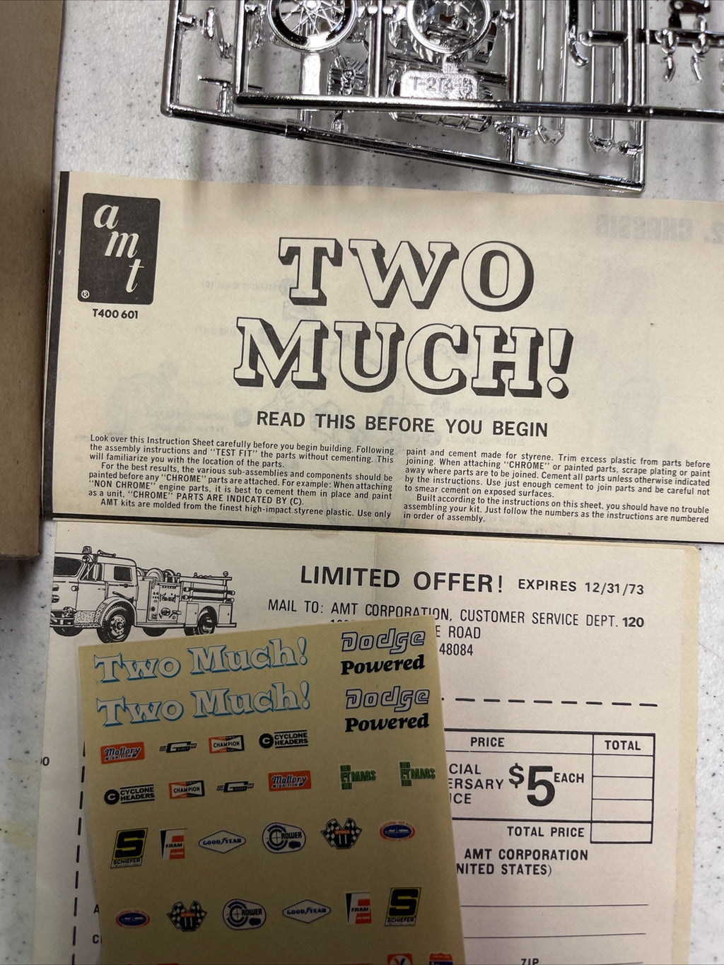 Original 1973 AMT T400 TWO MUCH DRAGSTER model kit Complete Unbuilt1