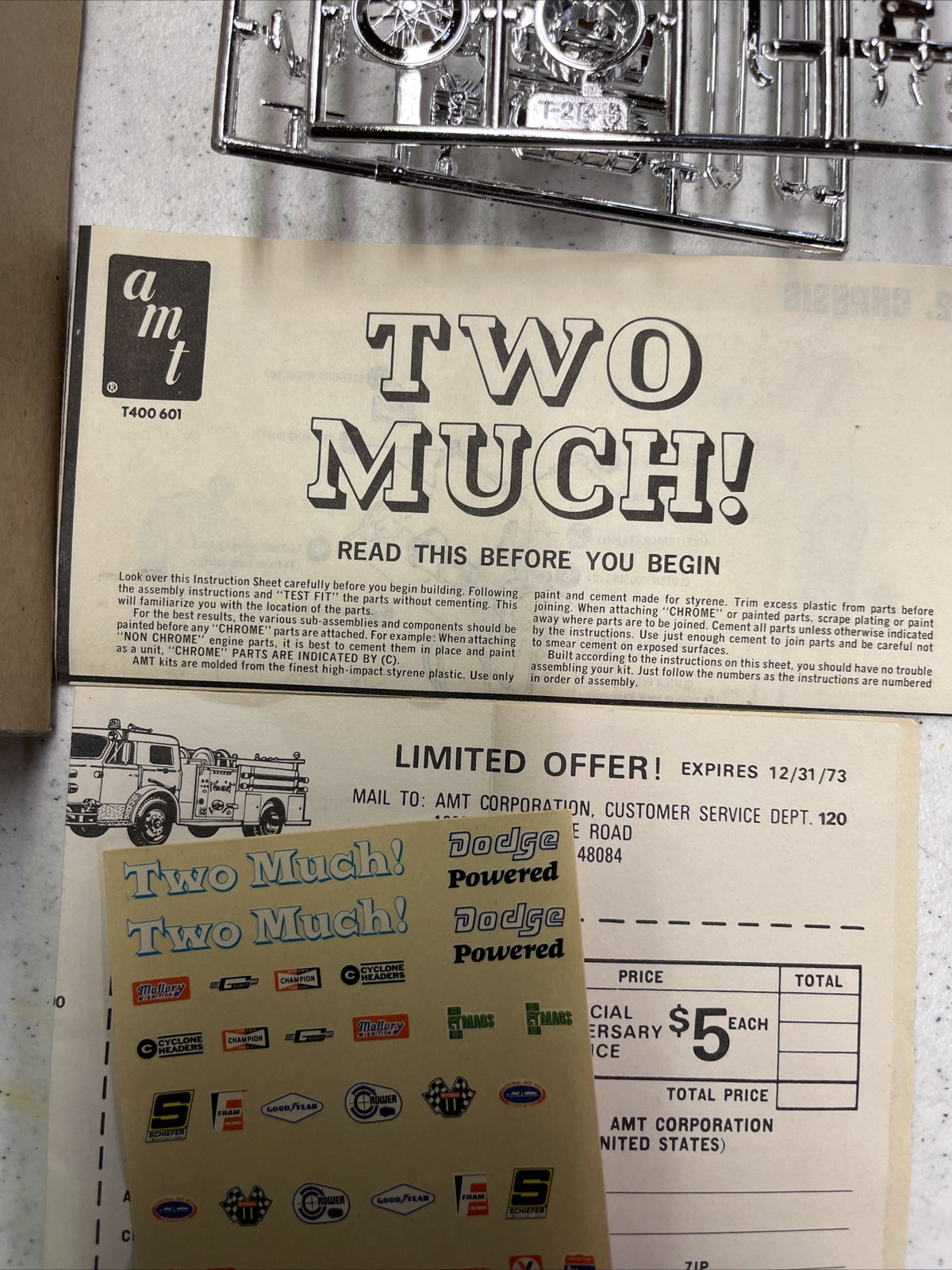 Original 1973 AMT T400 TWO MUCH DRAGSTER model kit Complete Unbuilt1