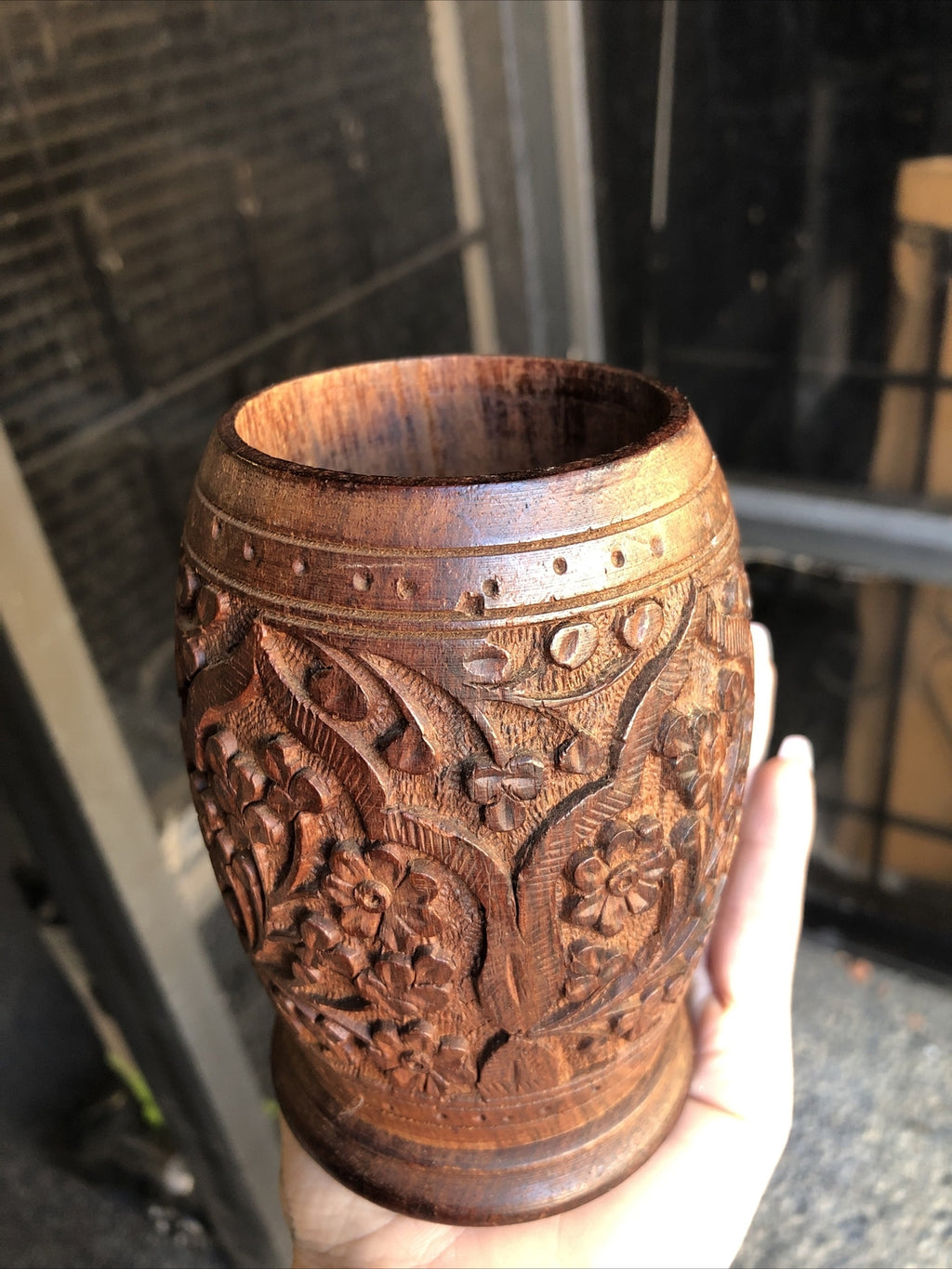 Vintage Hand Carved Wooden Cup Flower Design 4.5”x3”2