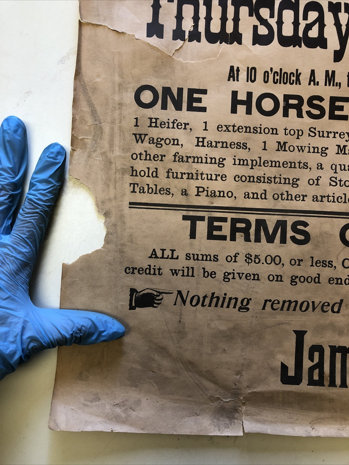 Vintage 1800s Rare Auction Notice poster signs-1 Horse 1 Cow Wagon James Martin1