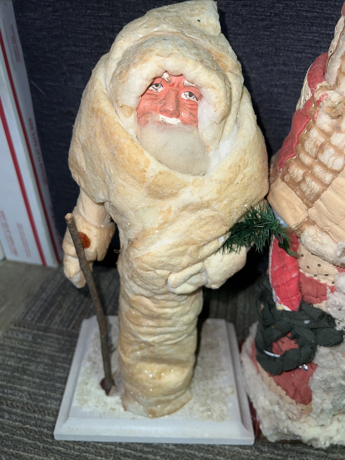 Pair of Vintage Antique Father Christmas Santa Claus Figures Paper Mache 15”1