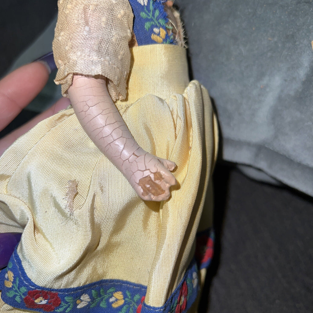 Vintage Antique Composition Paper? Doll Old Look Yellow Dress 11” Maker Unknown6