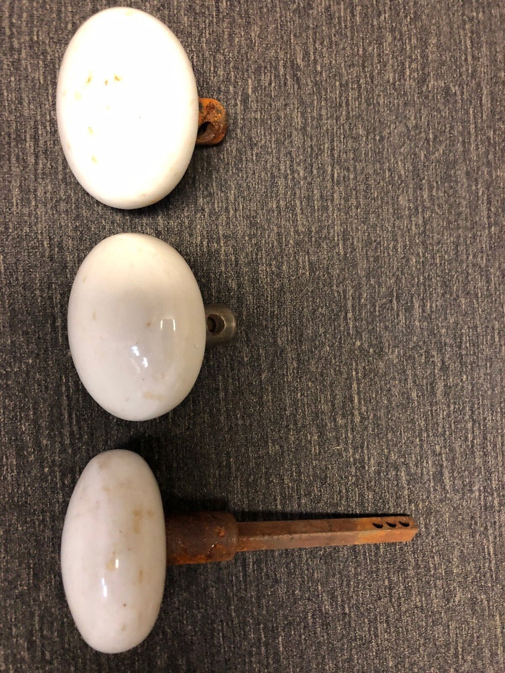 Rare 3 Prouty's Rigid Door Knobs Porcelain Antique Hardware Salvage 1880s1