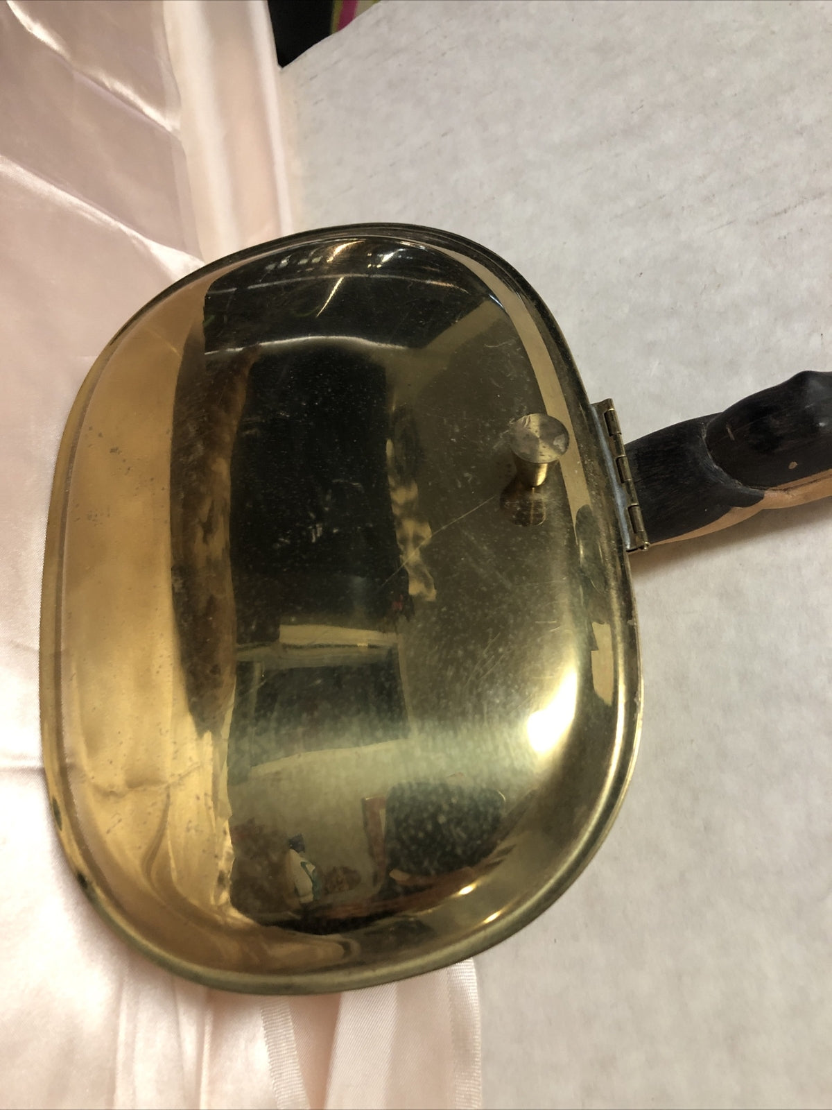 Vintage Brass Fry Sauce Pan Hinged Lid Carved Handle 7.5”x5.5”2