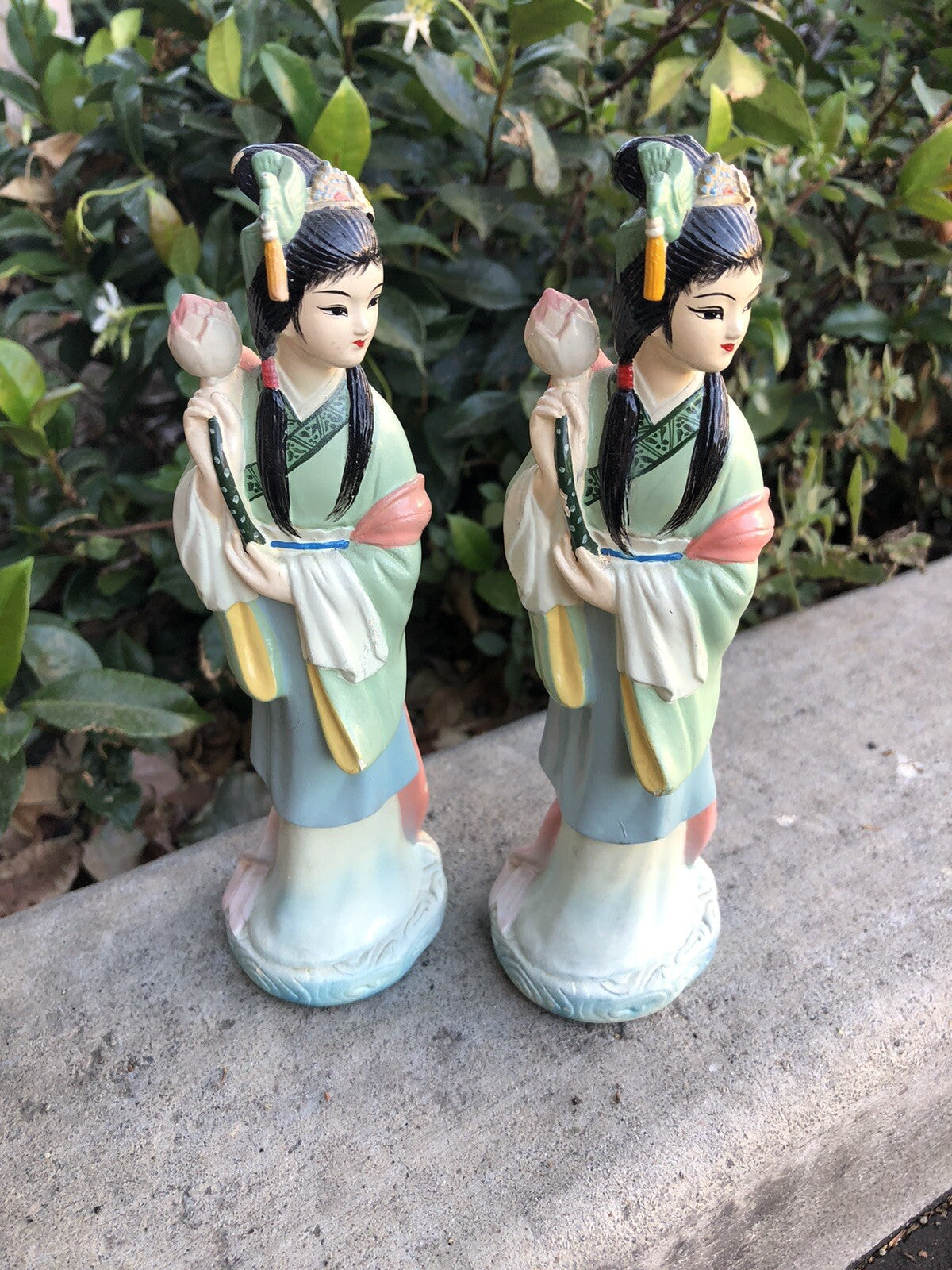 Vintage Lot Of 2 Japanese Geisha Girls Statue Figurines 7” Tall0