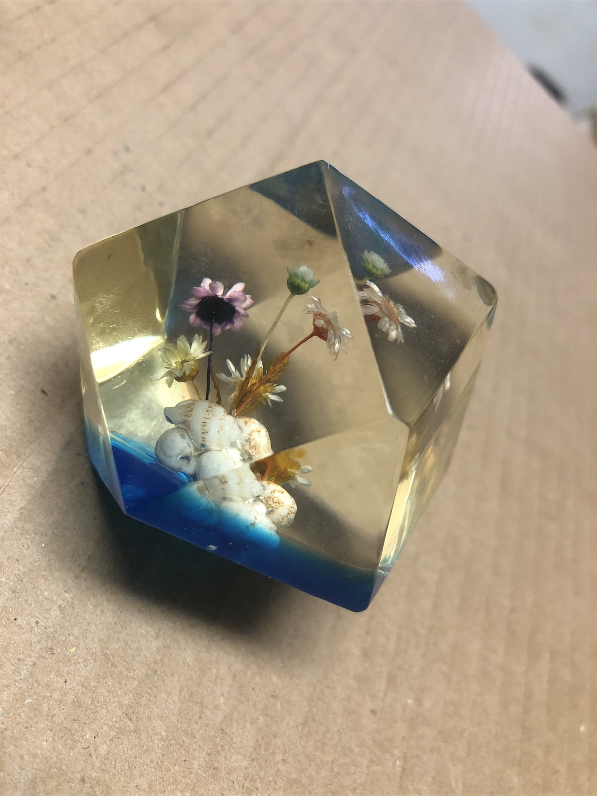 Vintage Chinese Glass Paperweight Flowers Sea Shells 2”x2” Republic Of China1