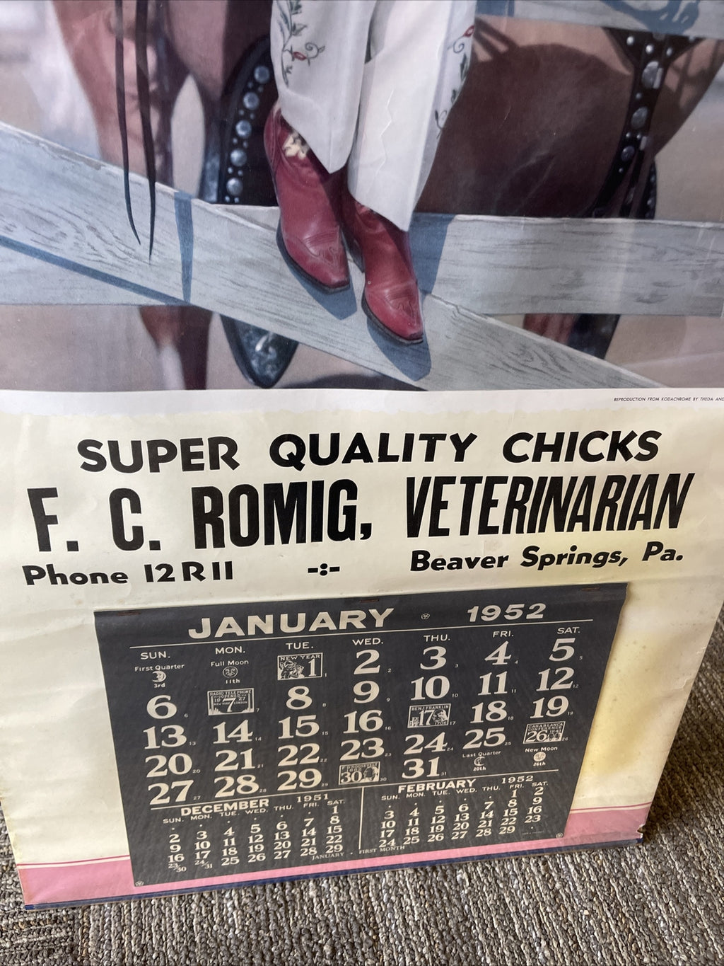Rare VTG Beaver  Springs Pa Farm Chicks Palomino 1952 Calendar2