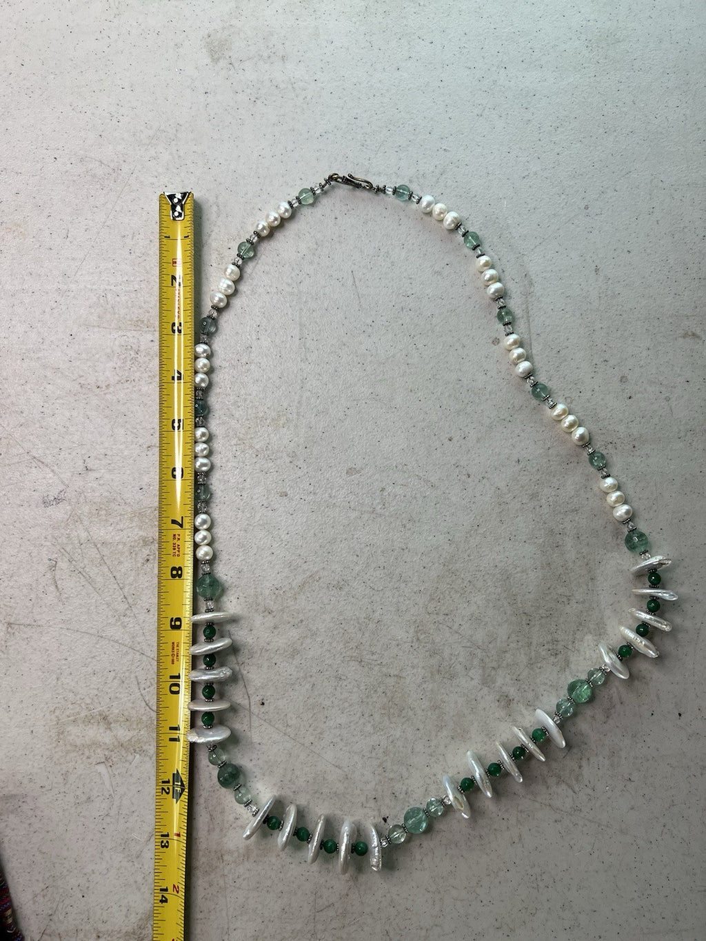 Vintage Green & Pearl Beaded Necklace w/ Shell Discs, 16.5" Handmade Clasp5