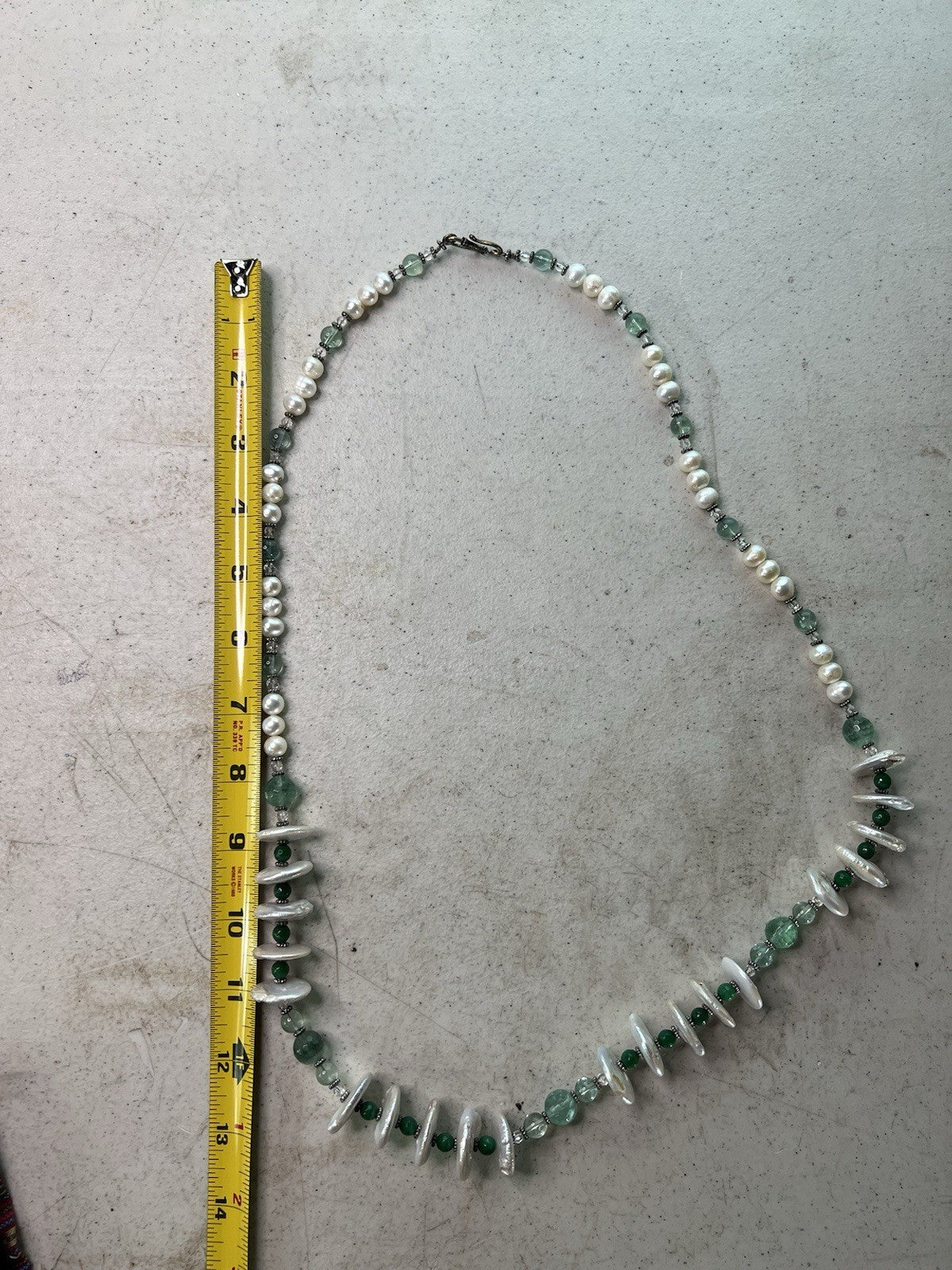 Vintage Green & Pearl Beaded Necklace w/ Shell Discs, 16.5" Handmade Clasp5
