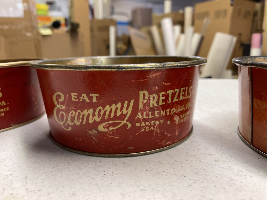 Vintage Advertising Tin Economy Pretzel Bowl Lot Of 3 1940s Allentown PA  7” Dia2