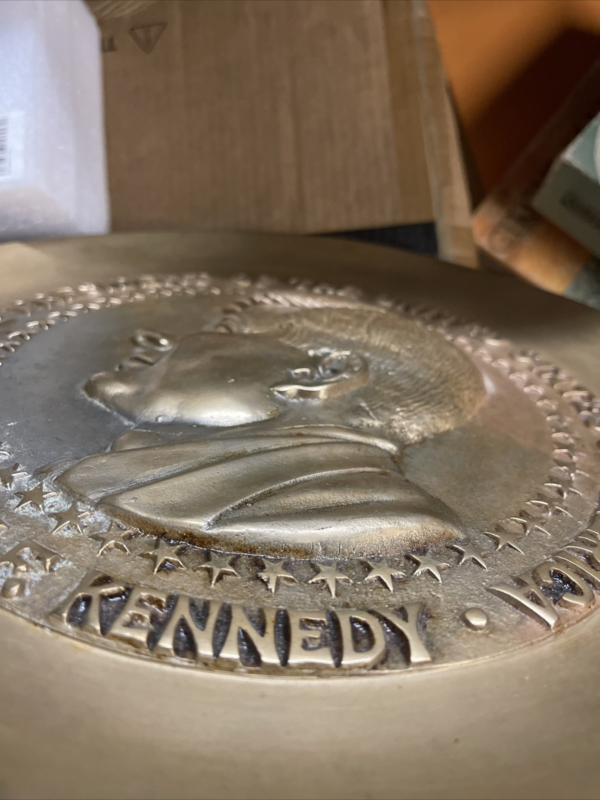 Vintage JOHN F KENNEDY Brass  Bust Sculpture Plate Plaque Embossed JFK 12.5”2