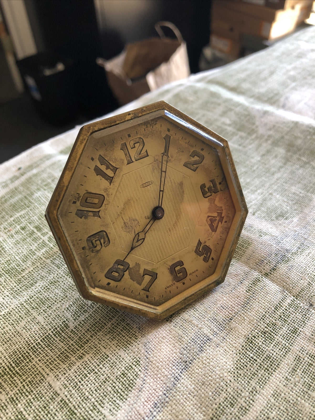 Antique Swiss 8 Days Pocket Watch Clock With Stand Swiss Made 3”x3”0