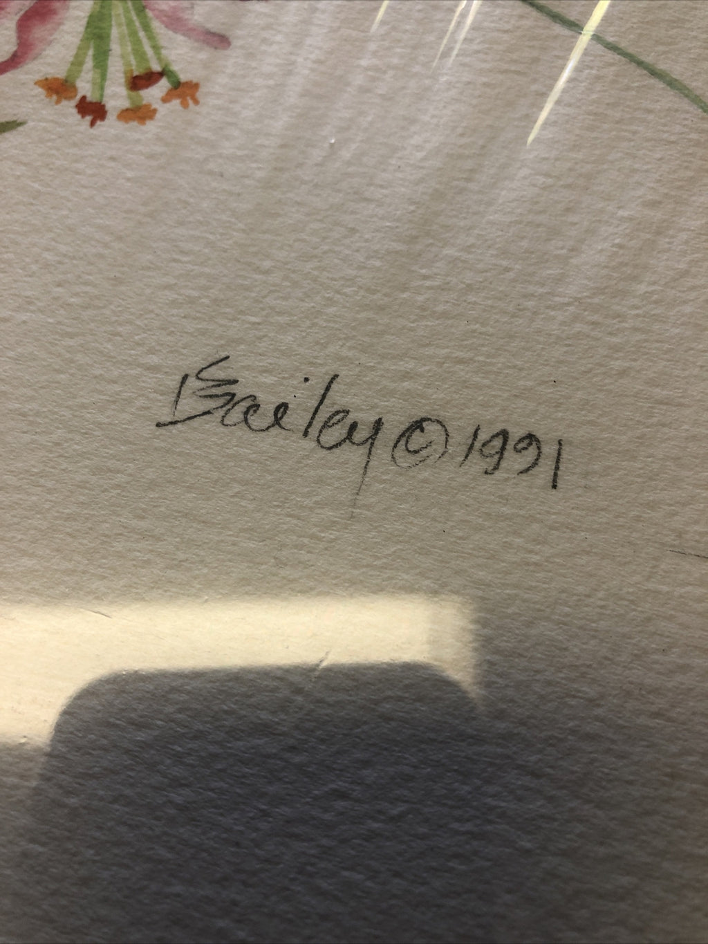Vintage 1991 Floral Etching Singed By Bailey 15.5”x11”6
