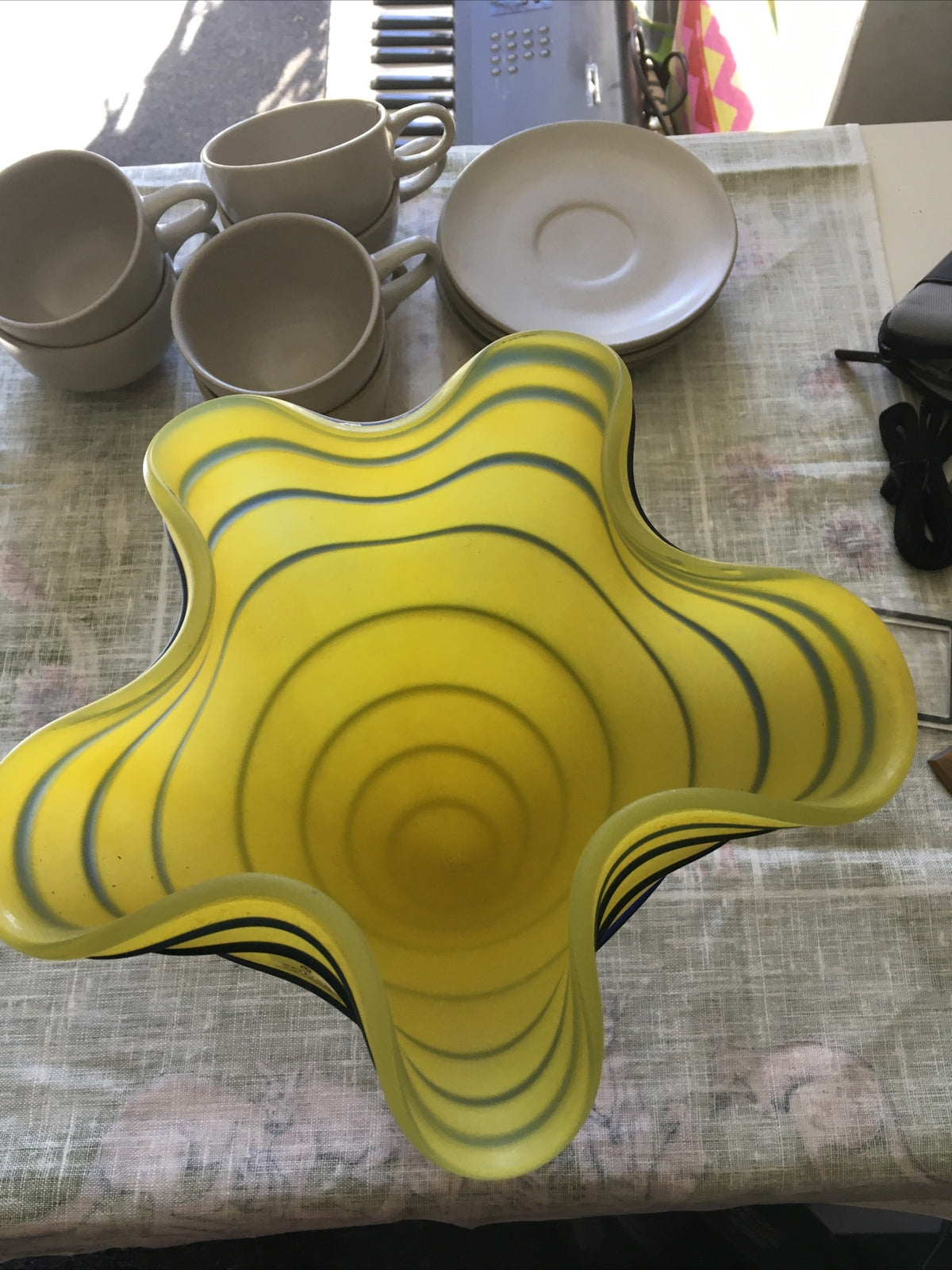 Zodax Art Glass Yellow And Blue Vase Vessel 10”x8.5”3