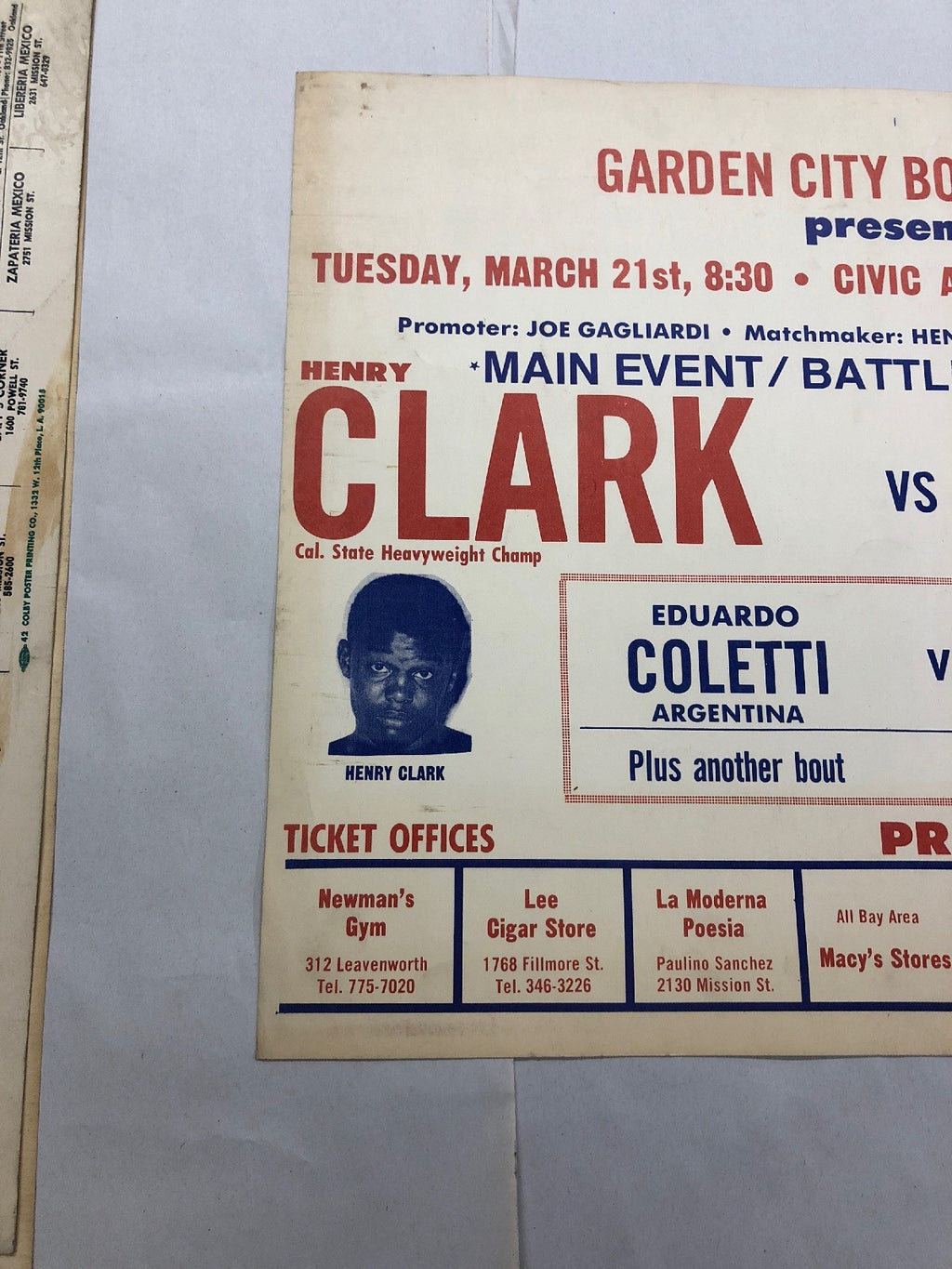 Henry Clark VS. James Woody SF Civic vintage Onsite Boxing poster RARE!!1