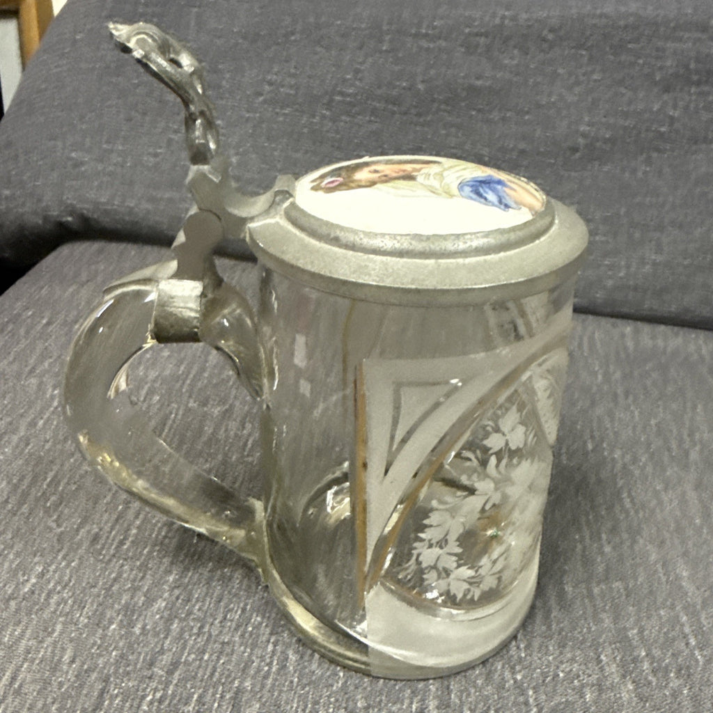 Antique German Etched Glass Porcelain Girl Beer Heavy Crystal Stein0