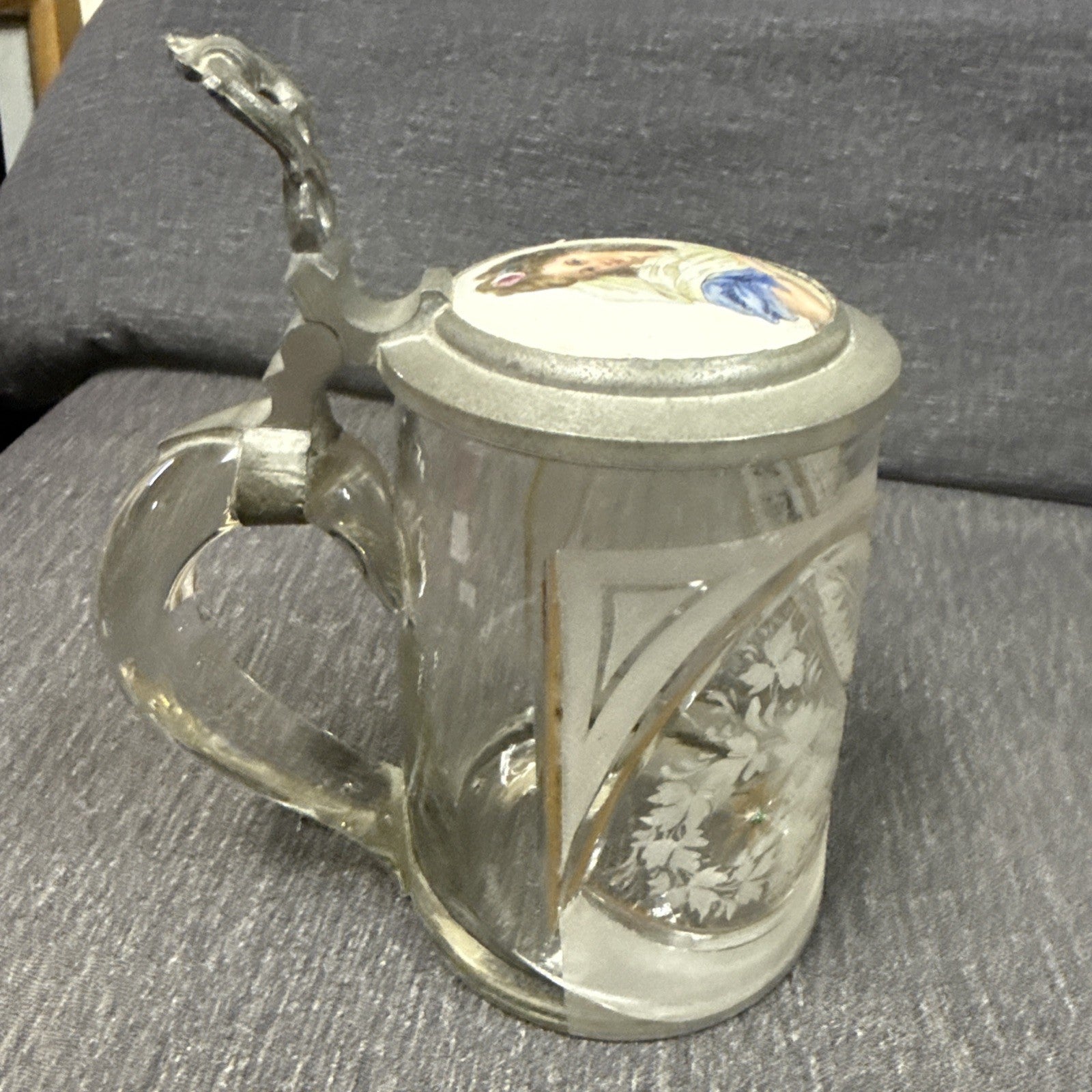 Antique German Etched Glass Porcelain Girl Beer Heavy Crystal Stein0