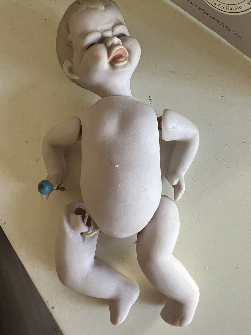 5” Vintage Bisque Crying Baby Doll With Rattle in Hand0