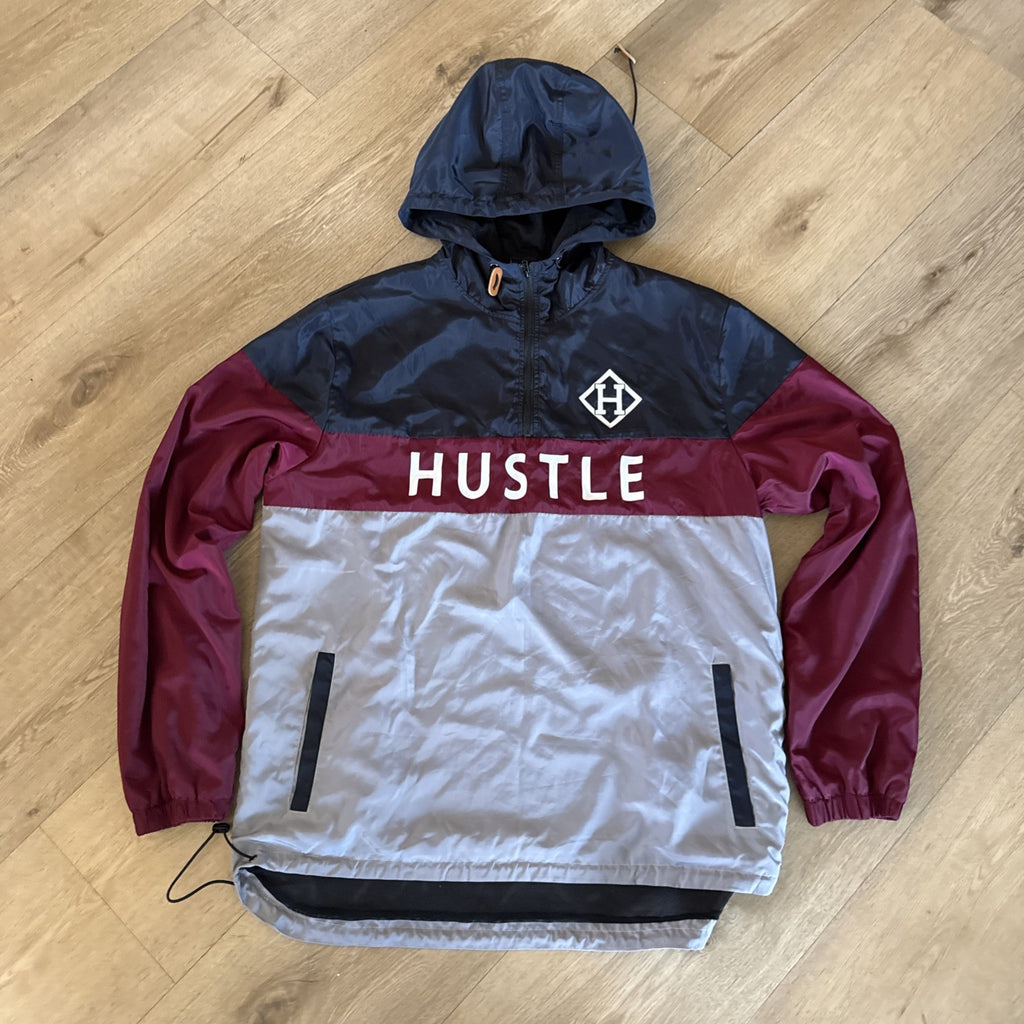 Hustle Men's XXL Colorblock Windbreaker Anorak Pullover Hooded Jacket Navy Red0