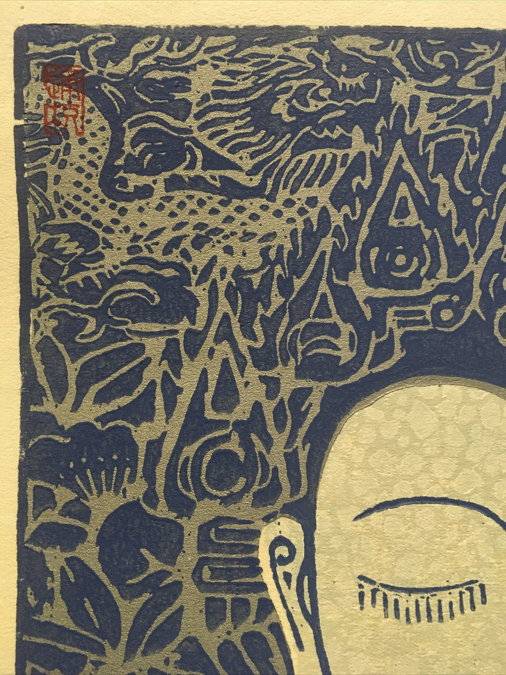 Asian Tibetan Buddhism Vietnam  11" x 12" Hand Printed Art Three Colors Block4