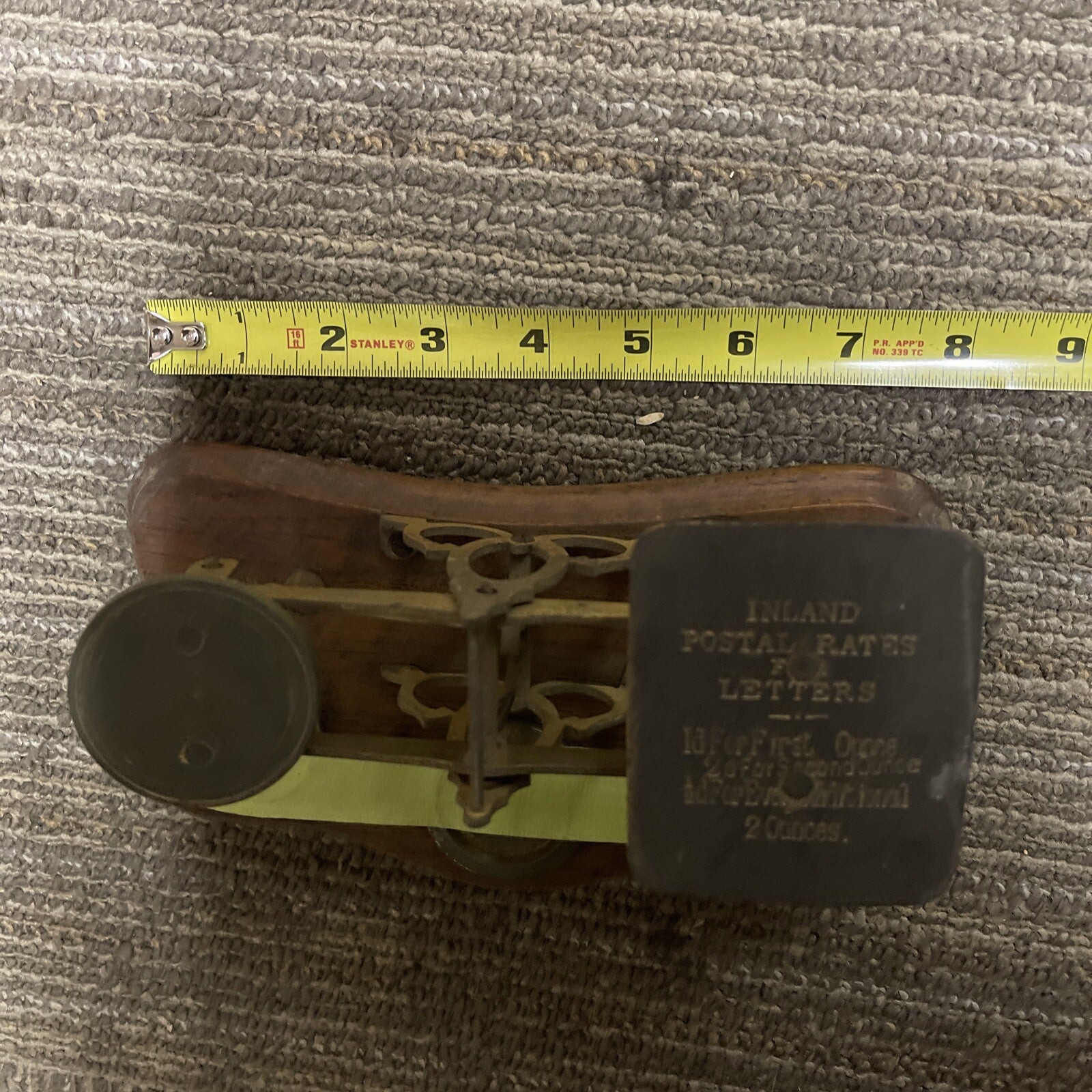 Antique 1800s Postal Scale w 3 weights and postal rates7