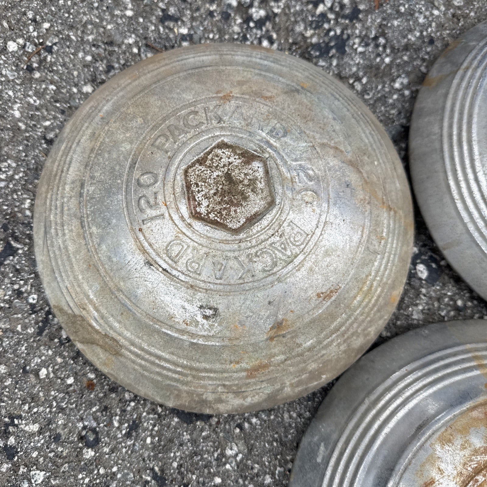 1937-39 model PACKARD 120 HUB CAP, Set of 3  10” diameter, hexagonal emblem1
