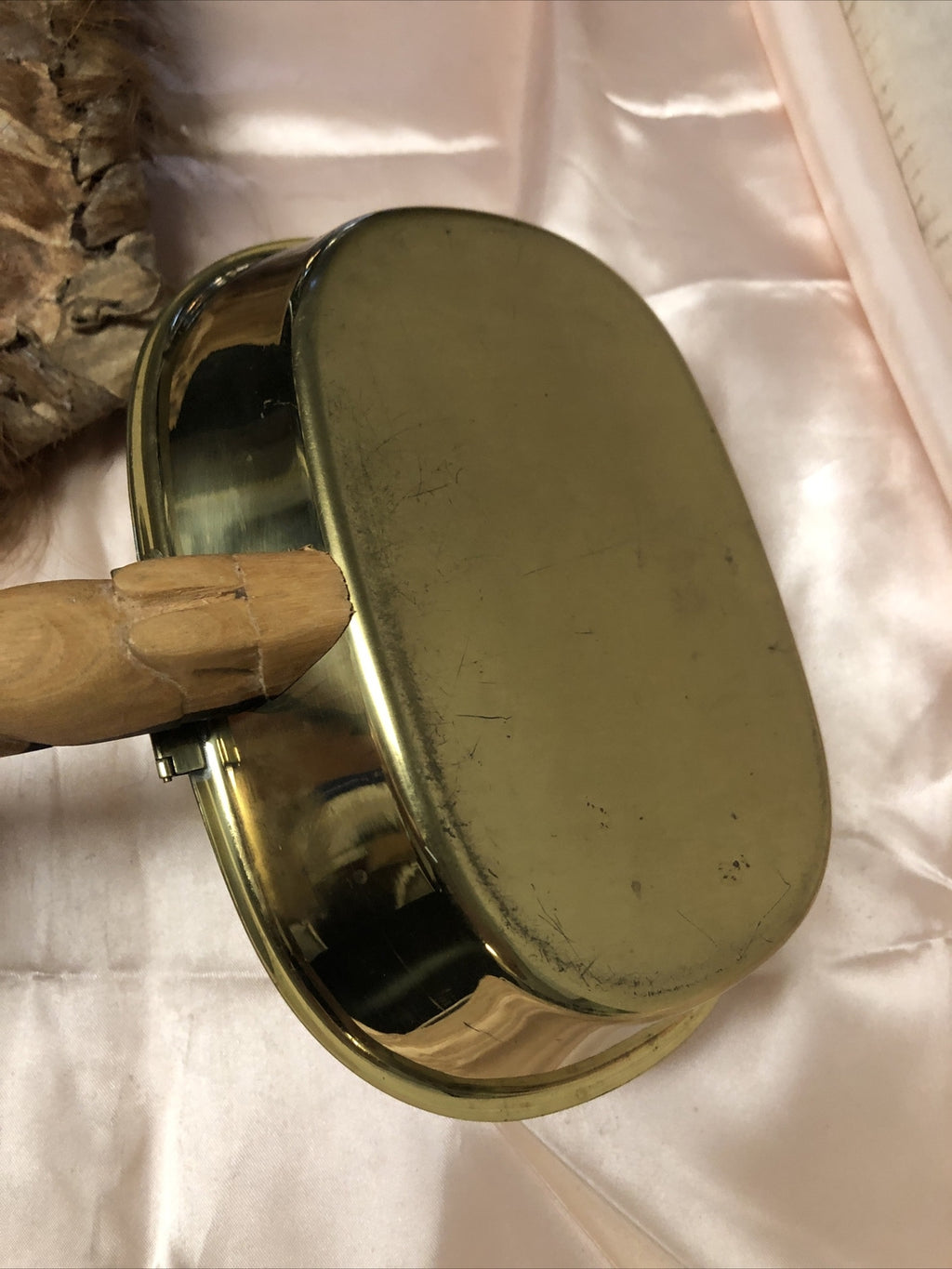 Vintage Brass Fry Sauce Pan Hinged Lid Carved Handle 7.5”x5.5”5