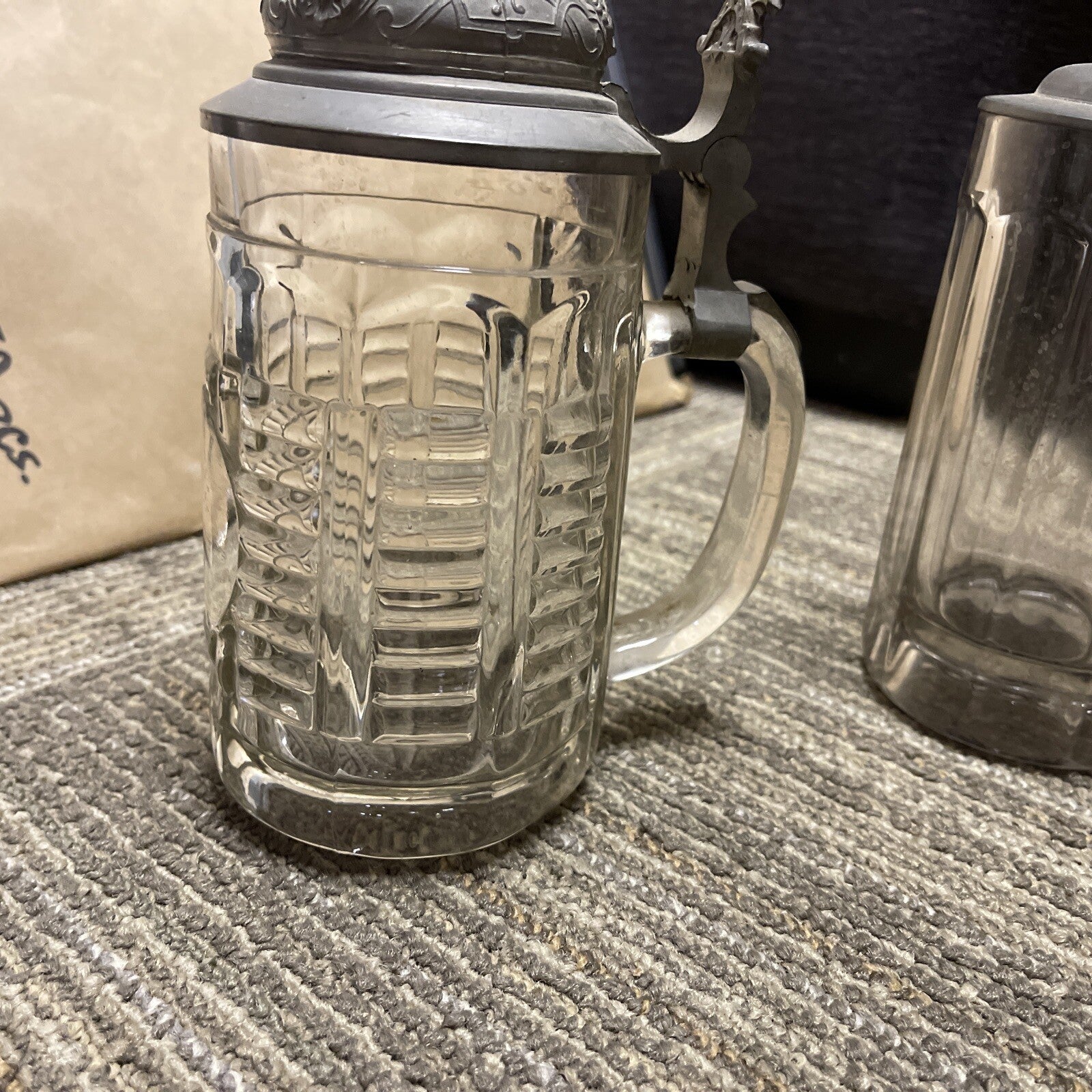 Antique lot of 2 Lidded Cut Glass Mug German Beer Stein pewter top1