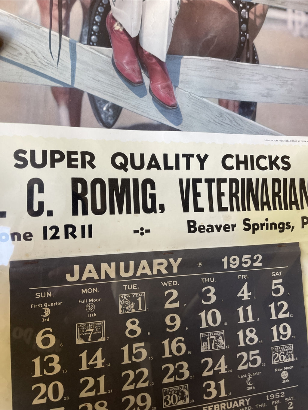 Rare VTG Beaver  Springs Pa Farm Chicks Palomino 1952 Calendar7