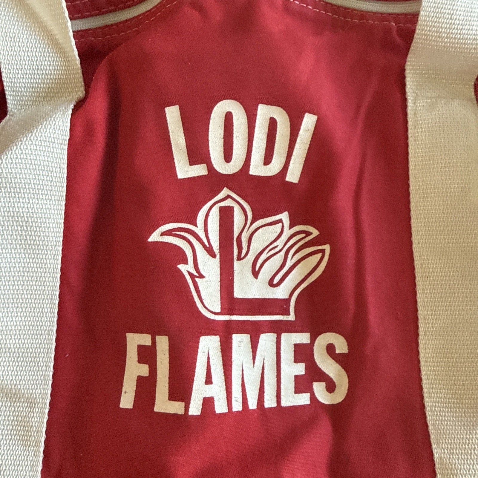 Vintage Lodi Flames Duffle Bag Red Canvas Gym Bag Lodi High School CA Retro1