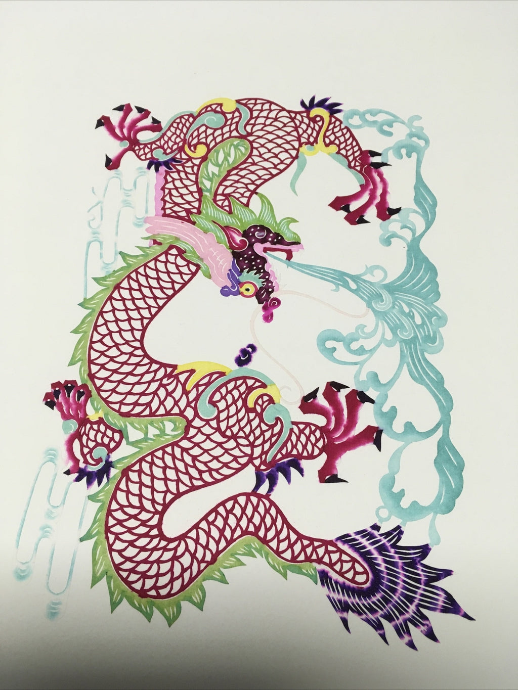 Antique Asian Chinese paper cut detailed Hand Colored Dragon/Long Blue Fire8