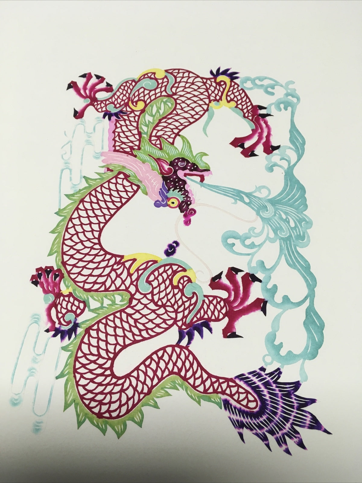 Antique Asian Chinese paper cut detailed Hand Colored Dragon/Long Blue Fire8