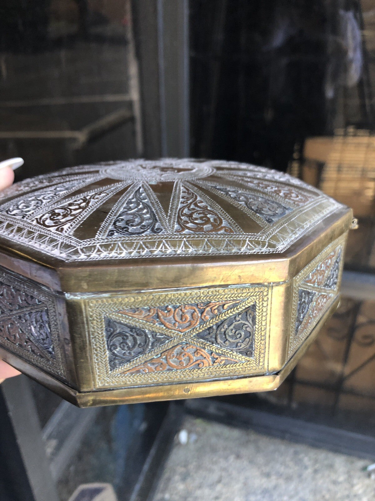 Antique Brass Asian Hexagon Box 7”x2” Jewelry Box2