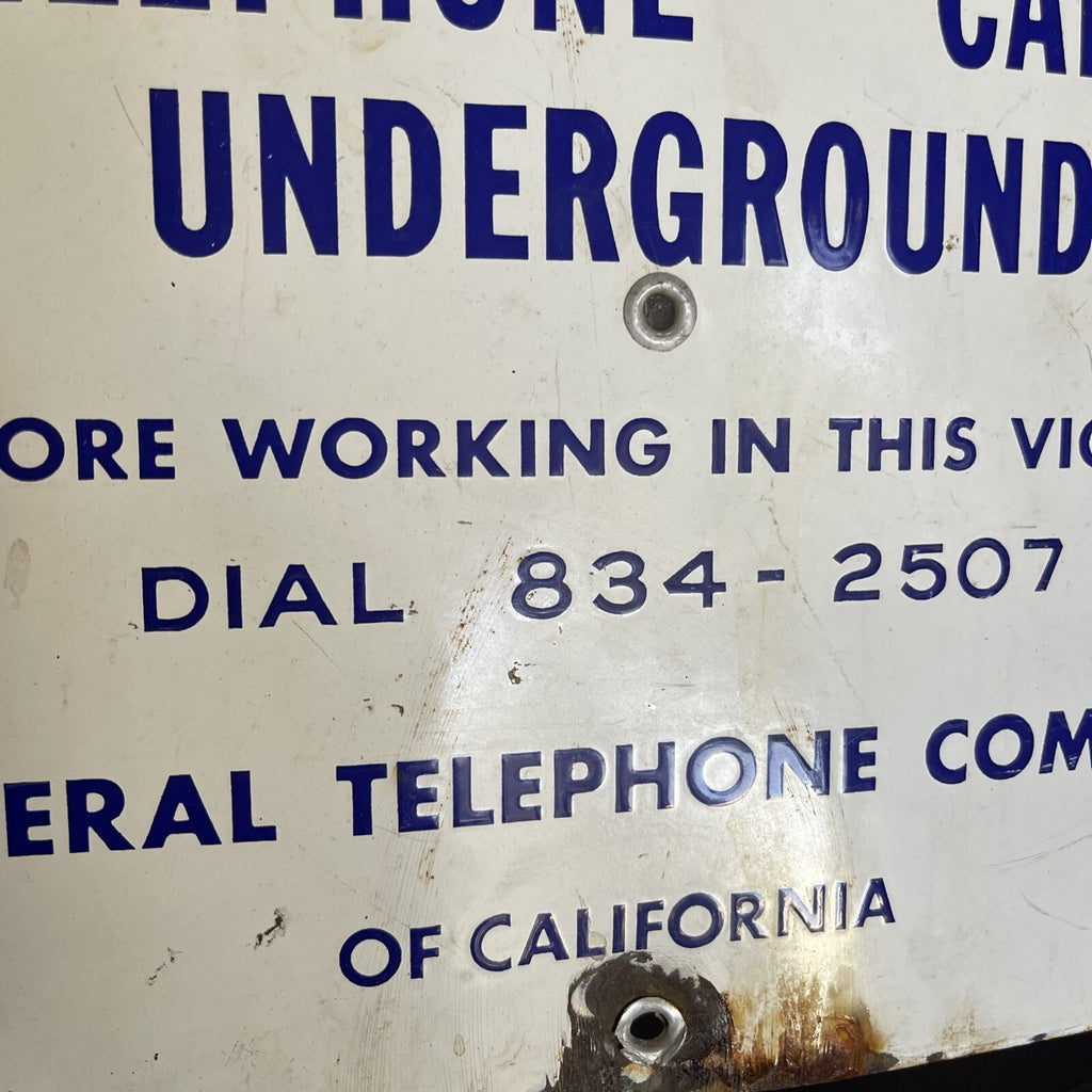 Cobalt Blue Porcelain Sign Caution Cable Underground General Telephone 12”8