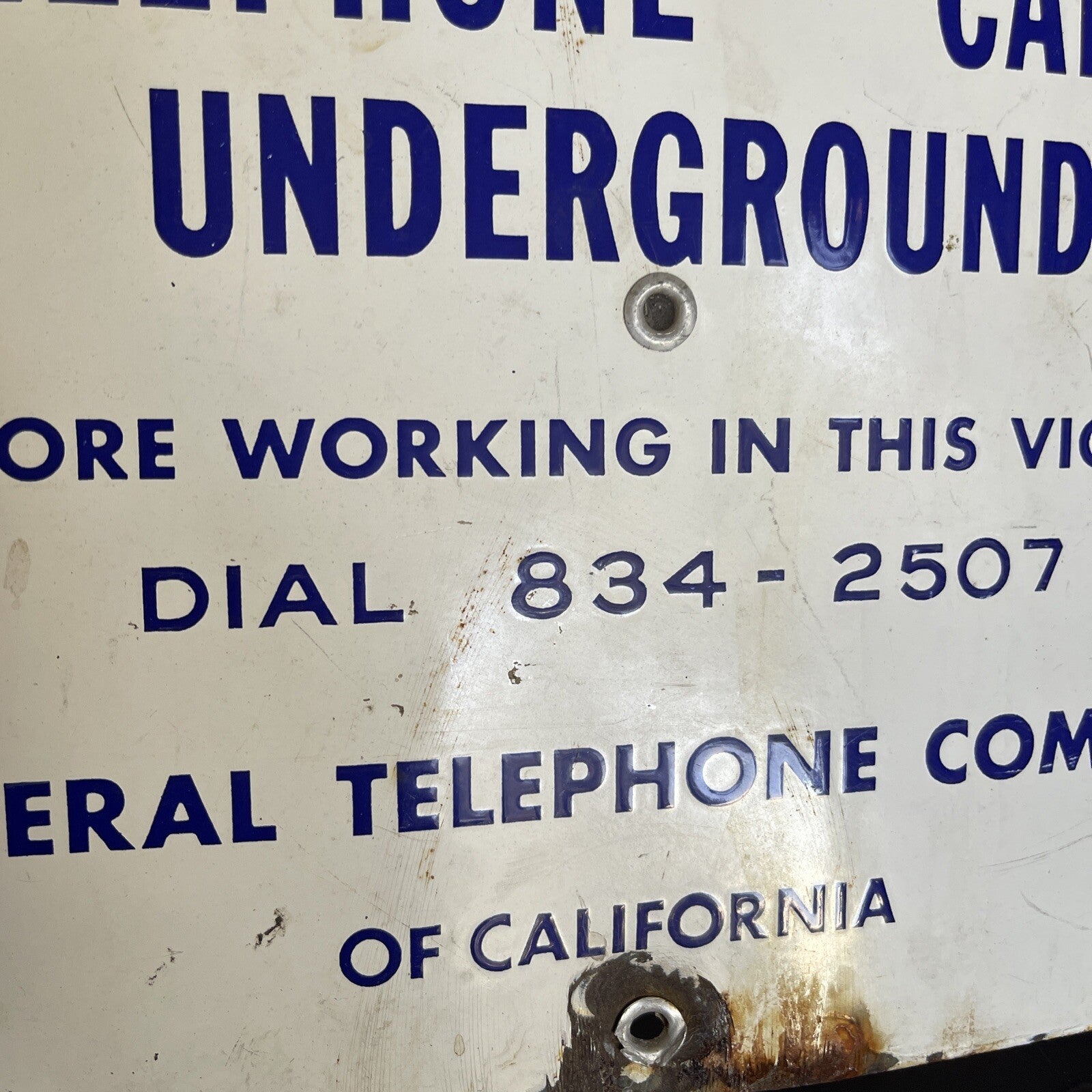 Cobalt Blue Porcelain Sign Caution Cable Underground General Telephone 12”8