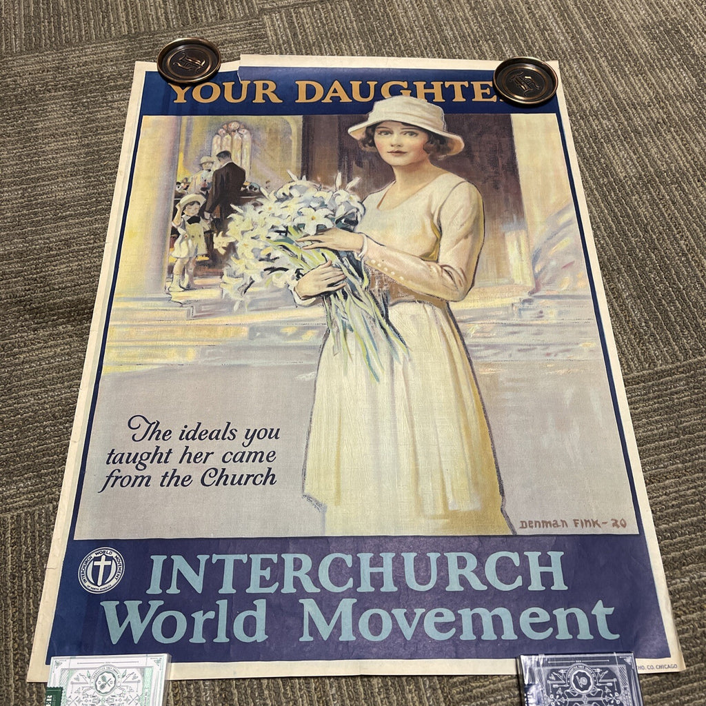 #197 Vintage 1940s Inter church World Movement Mother Daughter Poster 28x21”0