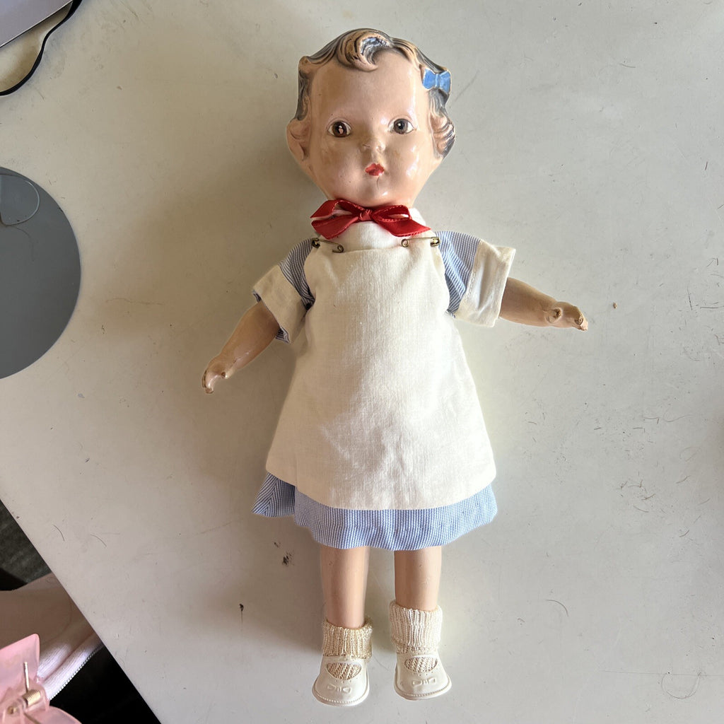 11.5” Vintage Comp Doll with Blue Bow 1