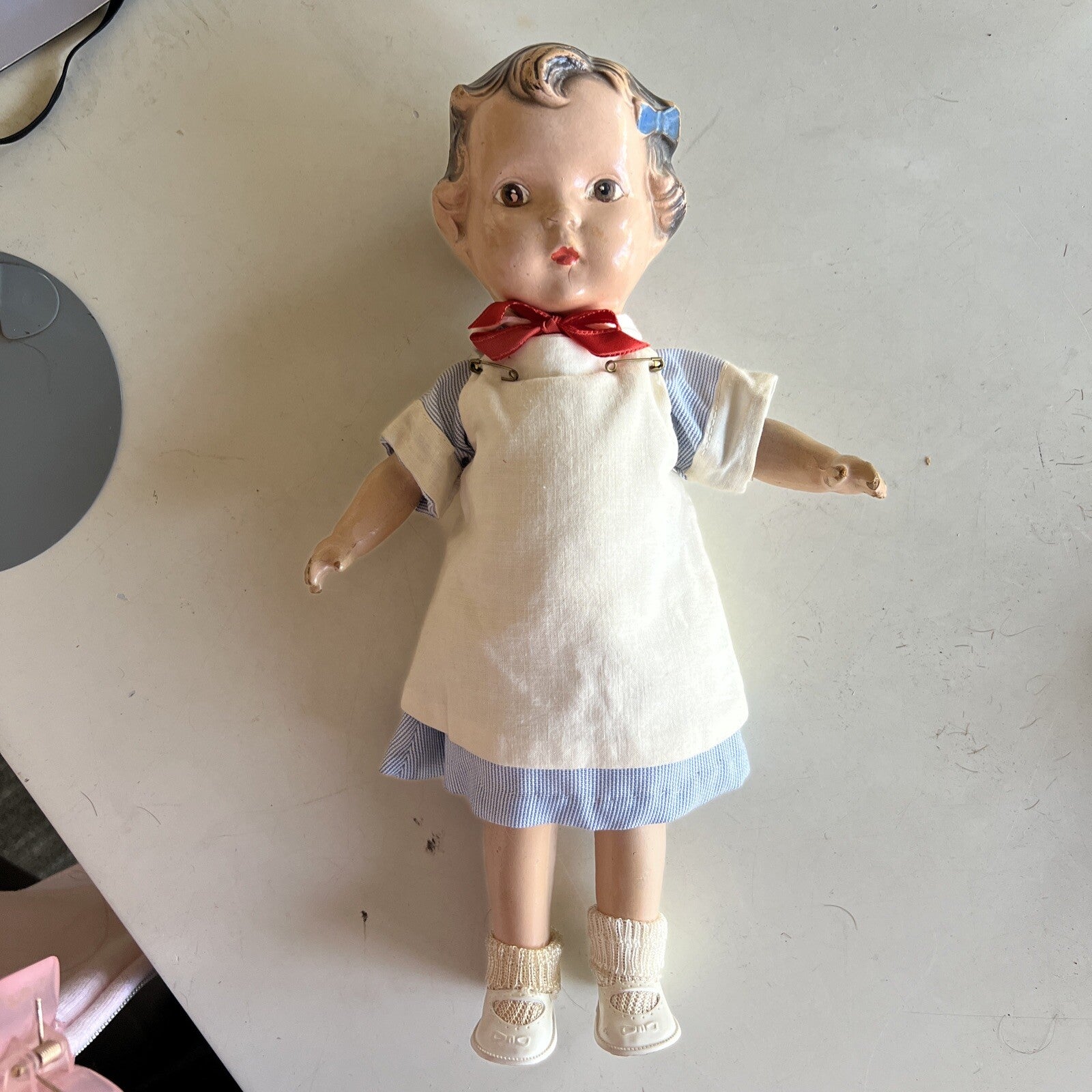 11.5” Vintage Comp Doll with Blue Bow 1