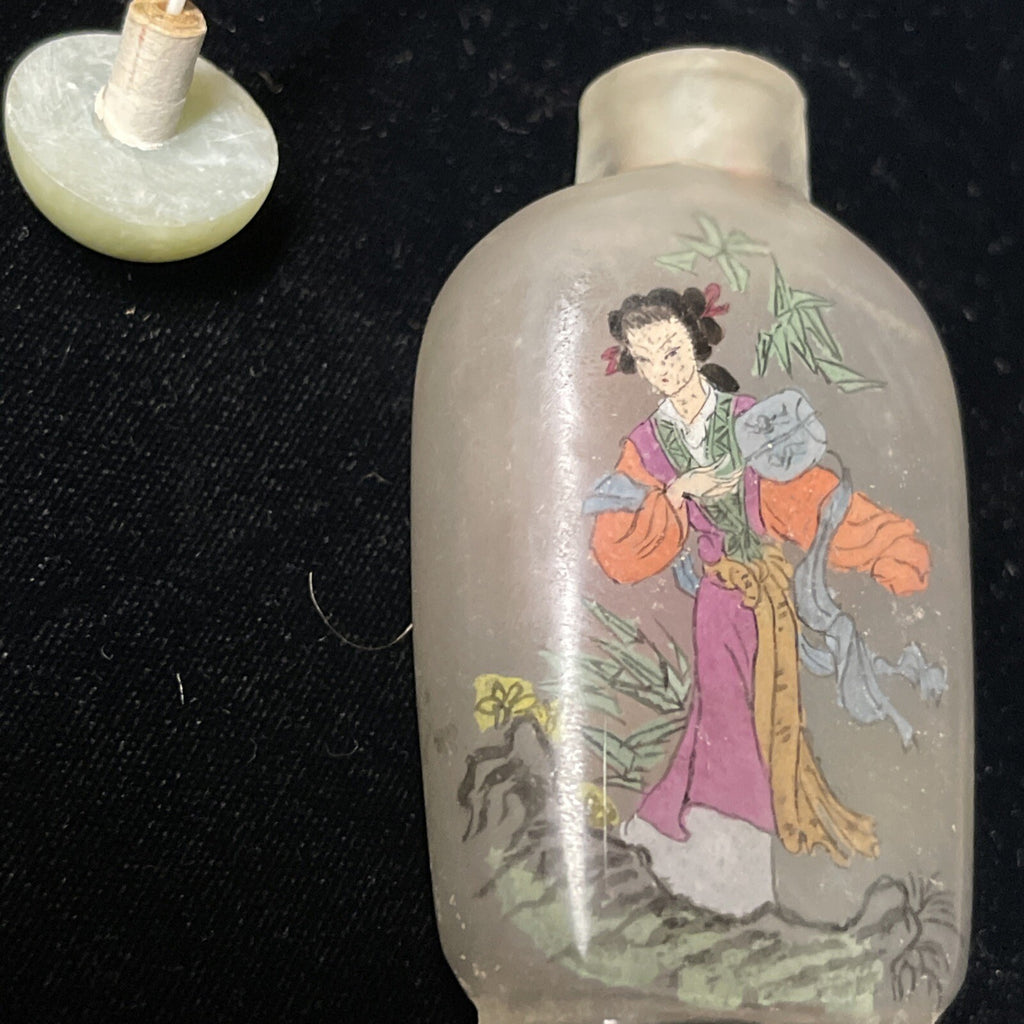 antique handmade Chinese glass carved stone reverse painted snuff bottle.4