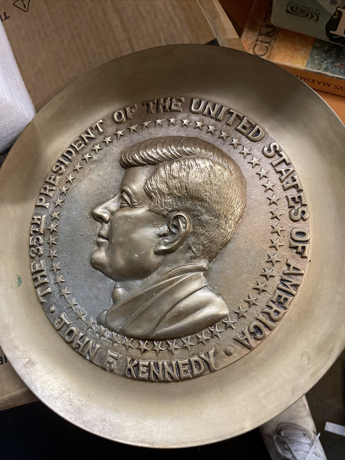 Vintage JOHN F KENNEDY Brass  Bust Sculpture Plate Plaque Embossed JFK 12.5”0