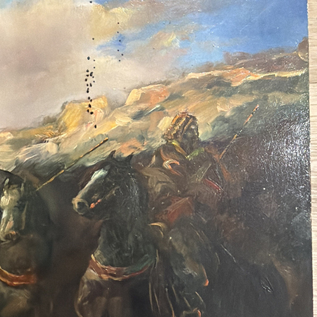 OLD ANTIQUE Ottoman ARAB LANDSCAPE OIL PAINTING Horse MAN MUSLIM Warrior Caravan9
