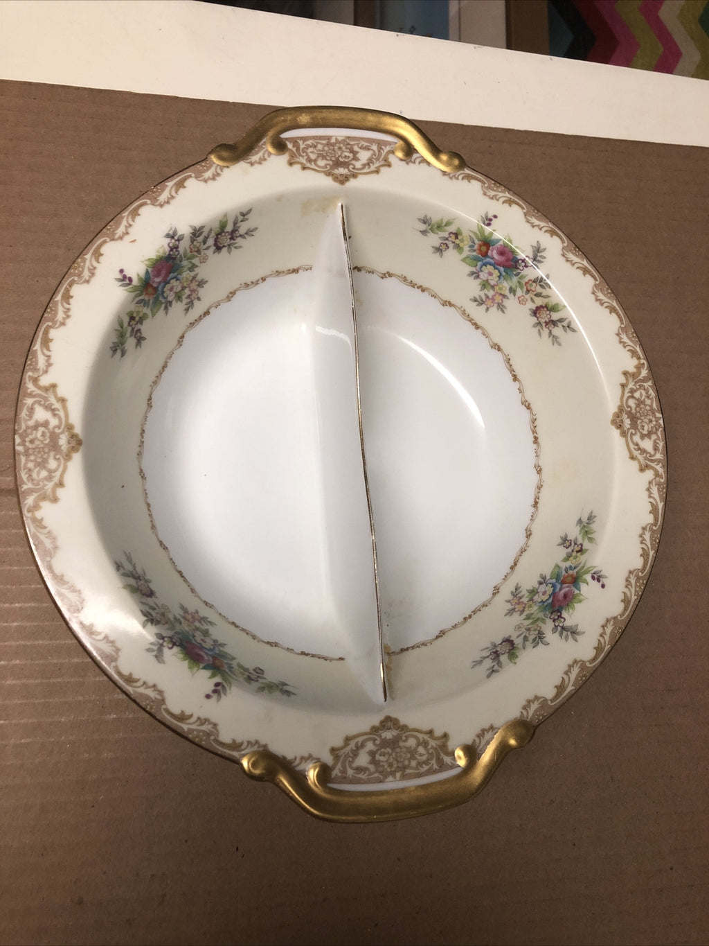 Vintage Meitro China Round Divided Vegetable Bowl Japan Flower Design 10.5”0